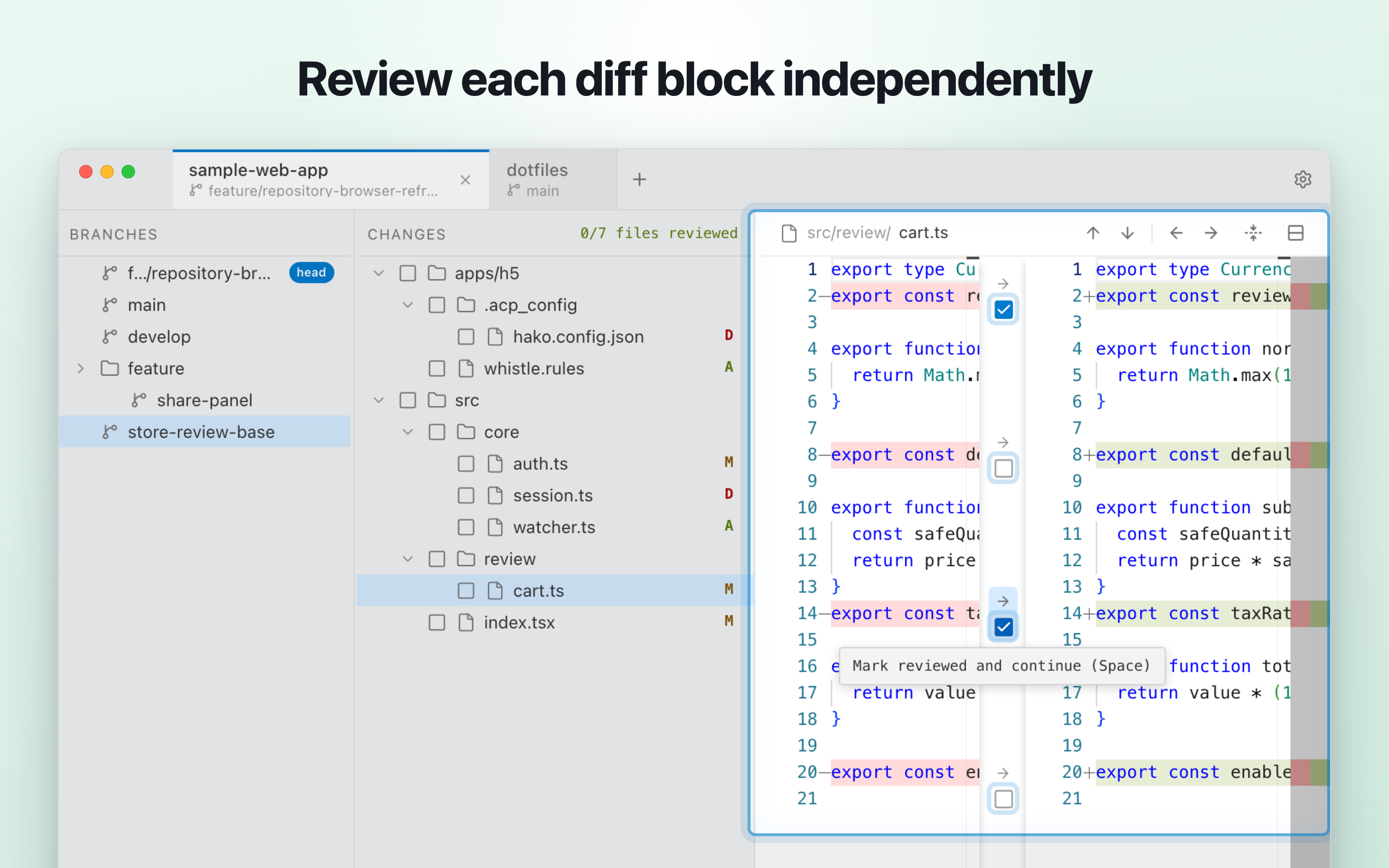 Diff block review in Sabun