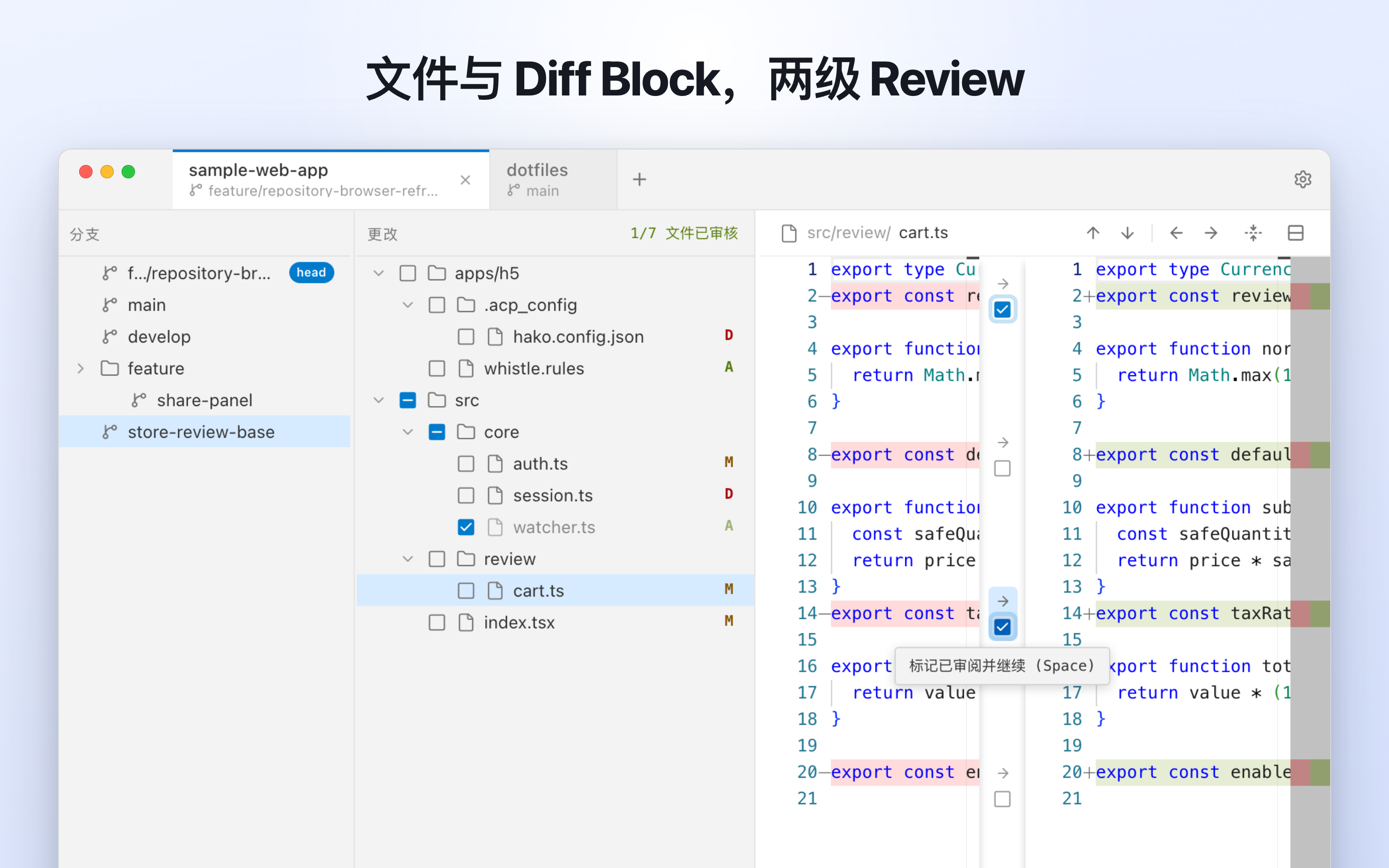 Sabun 的分支列表、文件树与并排 Diff 审阅界面
